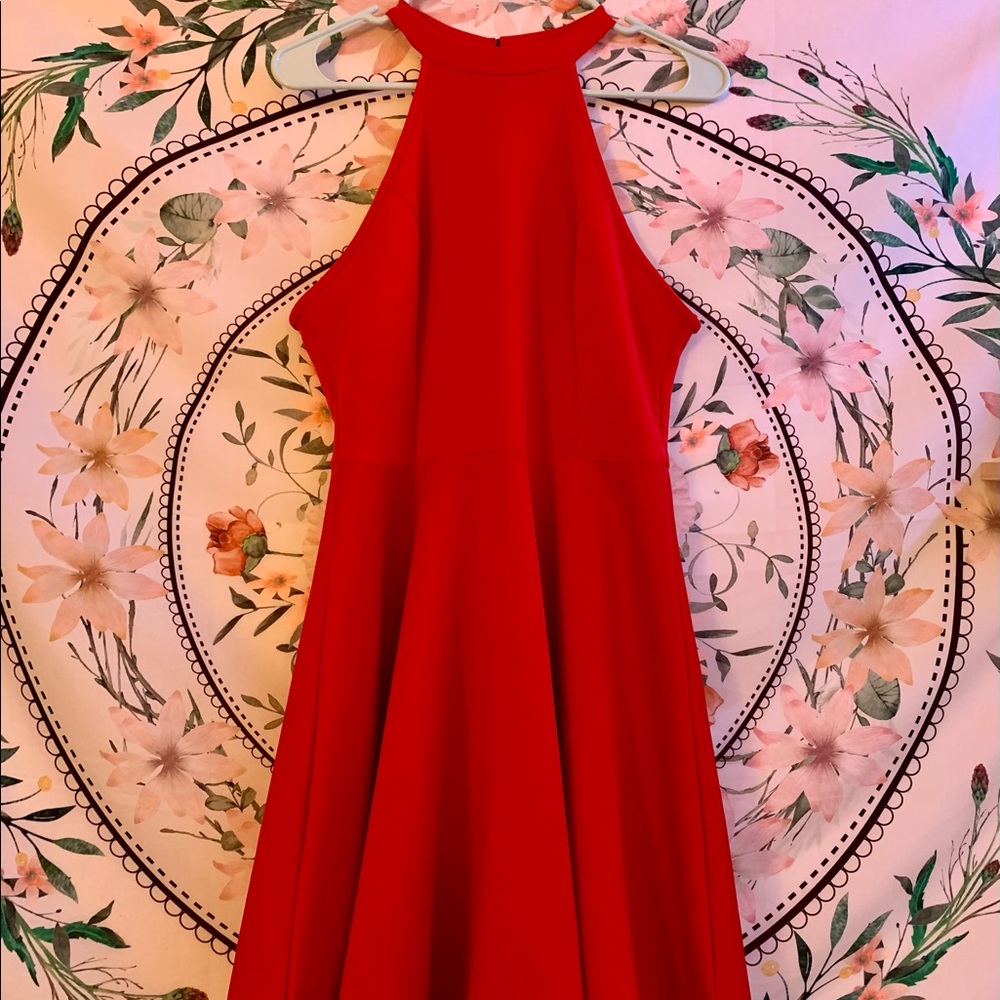 Fit and flare halter neck red dress